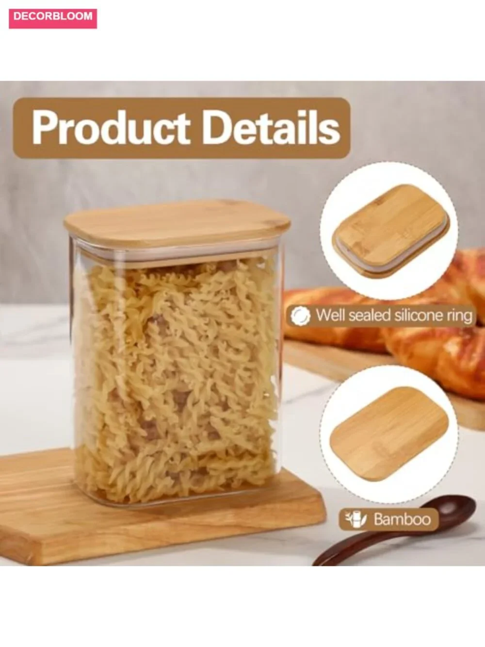 6 Pcs 37 oz Rectangle Glass Jars with Bamboo Lids Airtight Food Storage